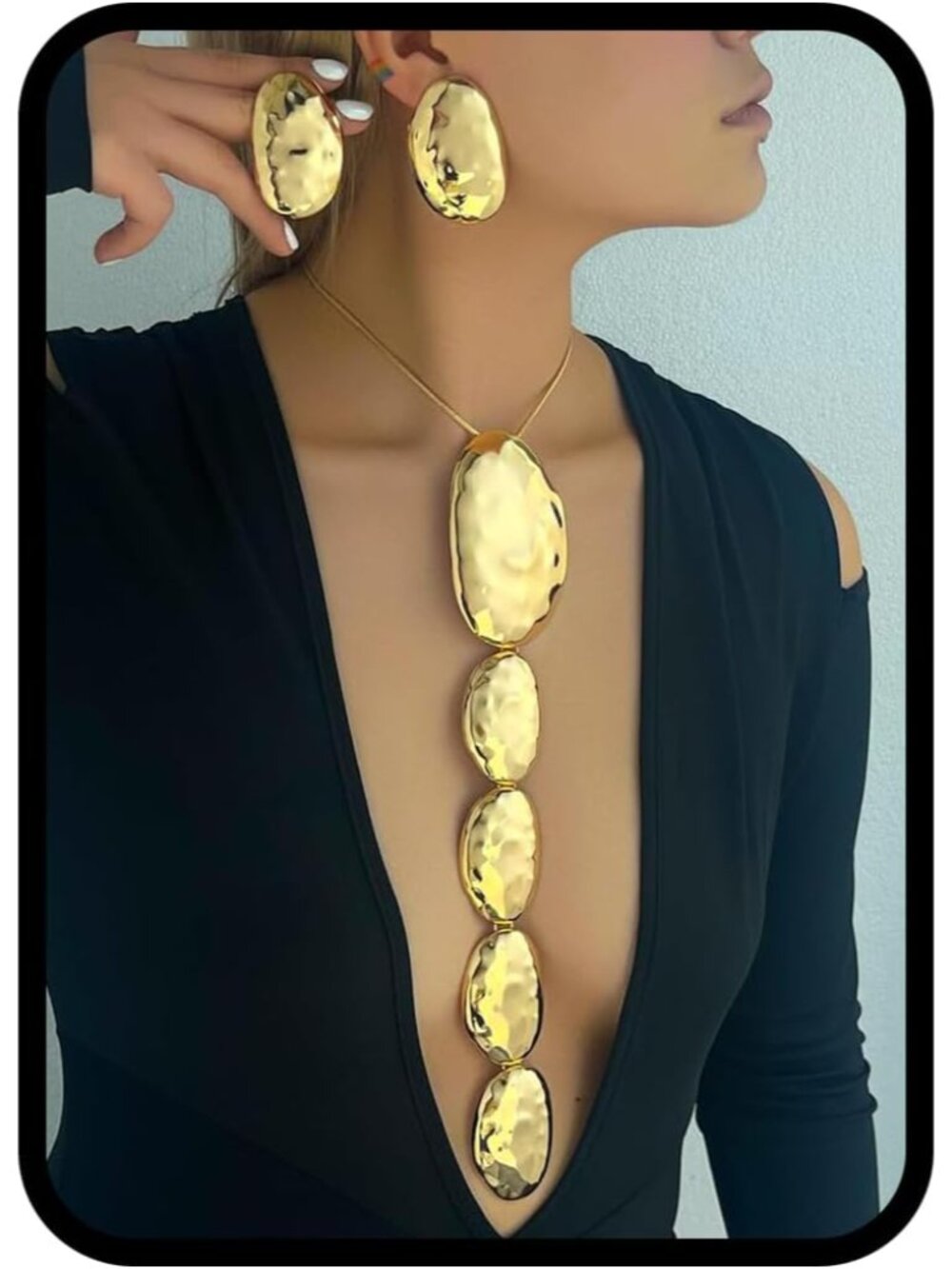 Chunky Statement Jewelry Set – Oversized Geometric Hammered Gold Earrings and Pe